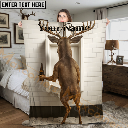 Maxcorners Funny Deer Drinking Beer at Bathroom Urinal Personalized 3D Blanket