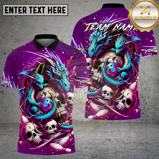 Maxcorners Bowling Skull Dragon Cosmic Dark Multicolor Options Personalized Name, Team Name 3D Shirt (4 Colors)
