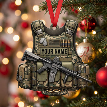Maxcorners Woodland Camo Tactical Vest And Rifle Personalized Name 3D Keychain And Ornament