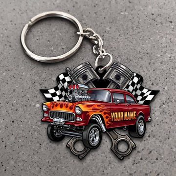 Maxcorners Hot Rod Red Classic Car with Checkered Racing Flags and Crossed Pistons Personalized Name 3D Keychain And Ornament