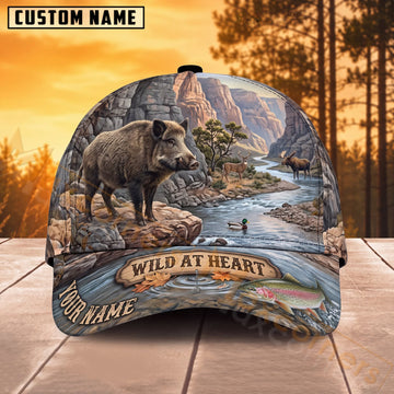 Maxcorners Bison Hunting Mountain River Wild At Heart Personalized Name 3D Cap