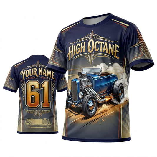 Maxcorners Personalized Car Classic Muscle Car 3D T-Shirt – High Octane Navy Gold Vintage Racing Coupe