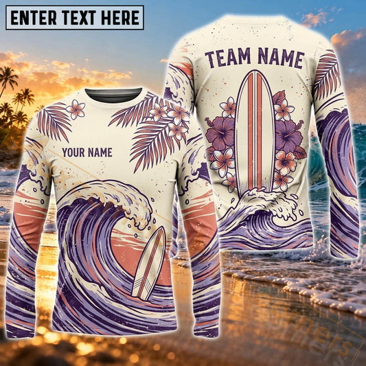 Maxcorners Surfboard Wave Graphic & Purple Sunset Ocean Art Customized Name, Team Name 3D Long Sleeve Shirt
