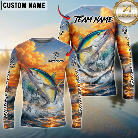 Maxcorners Fishing Ocean Sunset Wave Custom Name & Team Name 3D Shirts