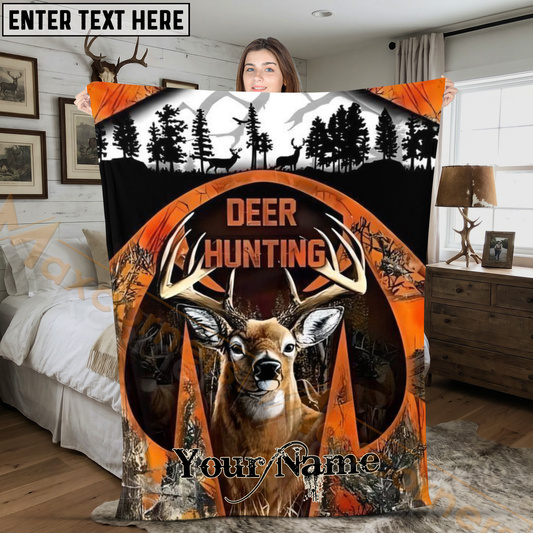 Maxcorners Camo Orange Whitetail Deer Hunting Season Silhouette Personalized 3D Blanket