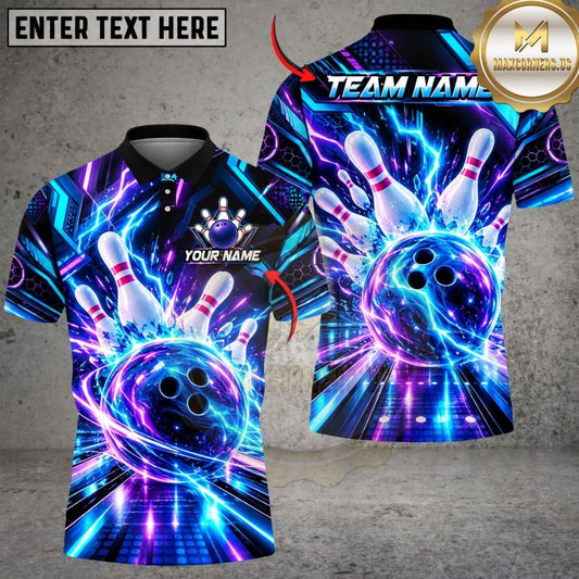 Maxcorners Bowling Cosmic Lightning Burst Energy Rays Pins Strike Artwork Multicolor Customized Name, Team Name 3D Shirts