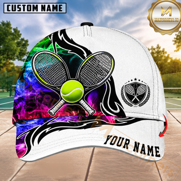 Maxcorners Tennis Colorful Neon Smoke Tribal Rackets Personalized Name 3D Cap