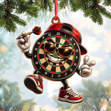 Maxcorners Darts Lover Cheerful Target Board Character, Cap, Sunglasses, Peace Sign Personalized Name Ornament 2D Flat