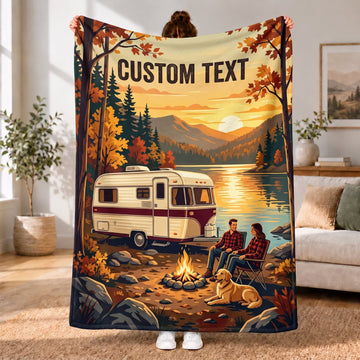 Maxcorners RVs Travel Trailer Autumn Lake Sunset Custom Name 3D Blanket