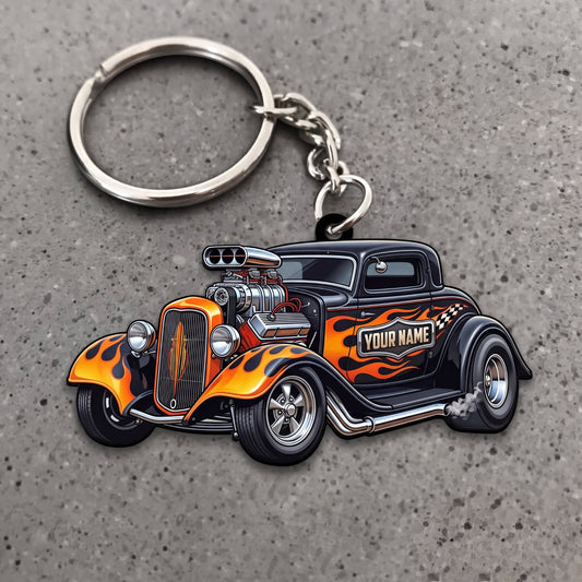 Maxcorners Hot Rod Black Vintage Roadster with Orange Racing Flames Personalized Name 3D Keychain And Ornament