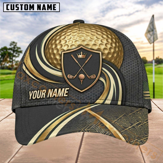 Maxcorners Golf Shield Clubs Gold Wave Personalized Name 3D Cap (6 Colors)
