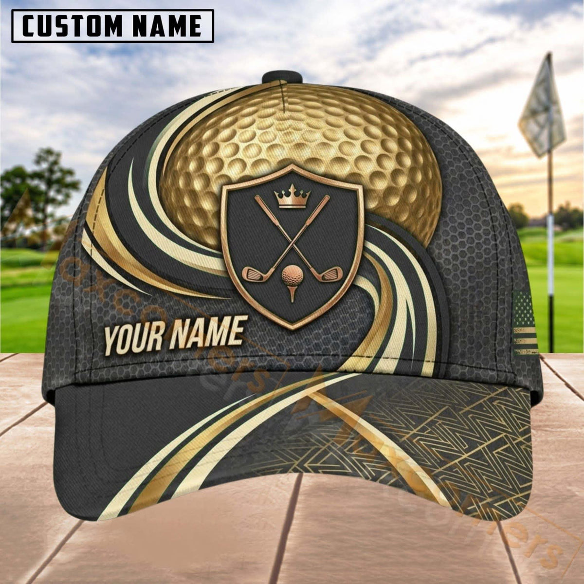 Maxcorners Golf Shield Clubs Gold Wave Personalized Name 3D Cap (6 Colors)