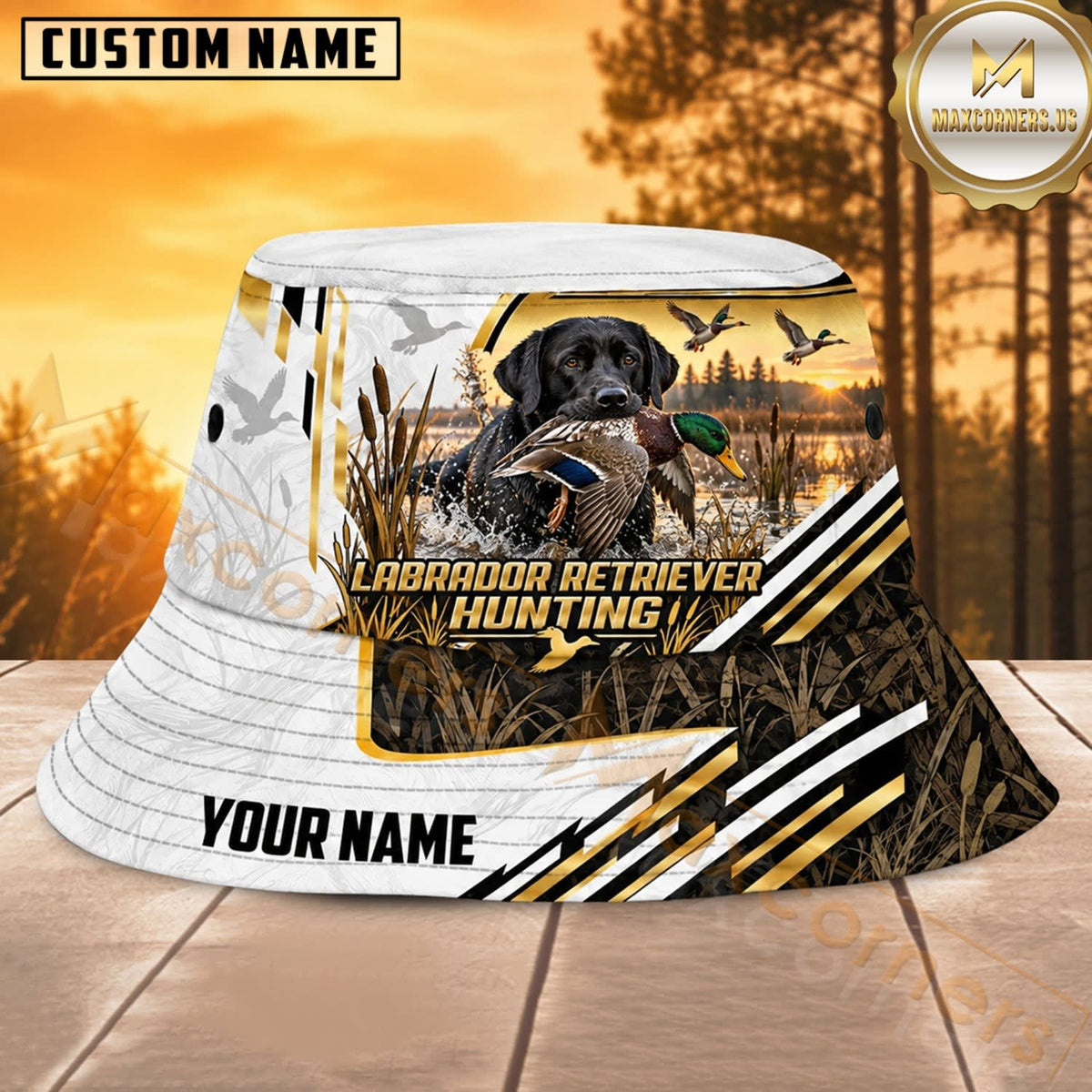 Maxcorners Waterfowl Hunting Labrador White Gold Personalized Name 3D Bucket Hat
