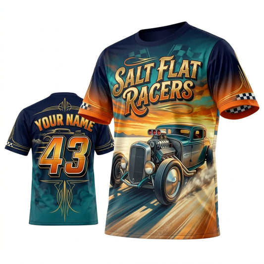 Maxcorners Personalized Car Classic Muscle Car 3D T-Shirt – Salt Flat Racers Teal Orange Vintage Speed