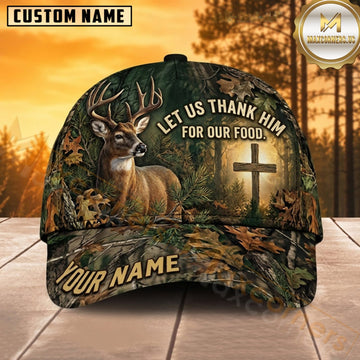 Maxcorners Deer Hunting Whitetail Buck Let Us Thank Him for Our Food Rustic Cross Forest Camo Customized Name 3D Cap