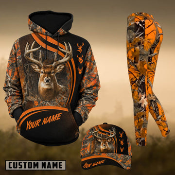 Maxcorners Hunting Whitetail Deer Orange Camo Personalized 3D Combo Hoodie, Legging Set & Cap
