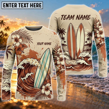 Maxcorners Surfing Retro Coastal Beach Art Customized Name, Team Name 3D Long Sleeve Shirt