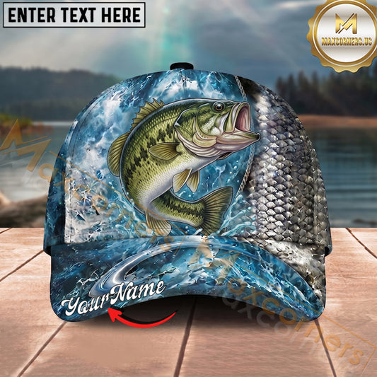 Maxcorners Fishing Silver Scale Water Splash Personalized Name 3D Cap (12 Fish Species)