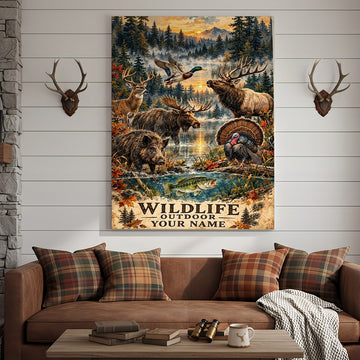 Maxcorners Wildlife Outdoor Moose Turkey Mountain Stream Personalized Canvas Wall Art