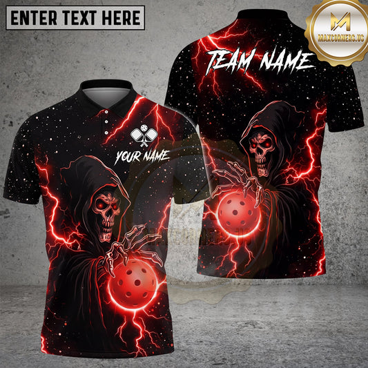 Maxcorners Pickleball Polo Lightning Grim Reaper Skull Multiple Options Personalized Name, Team Name 3D Shirt