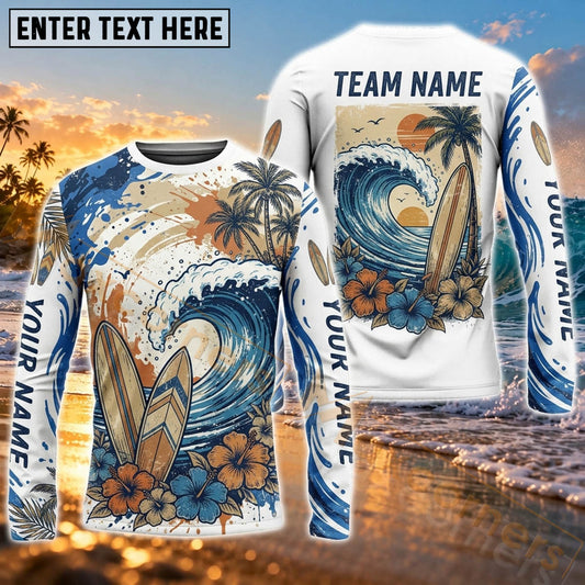 Maxcorners Surfboard Vintage Ocean Wave Art Customized Name, Team Name 3D Long Sleeve Shirt