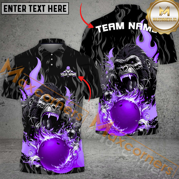Maxcorners Custom Bowling Team Jersey, Fierce Gorilla With Blue Flaming Bowling Ball Name And Team Name