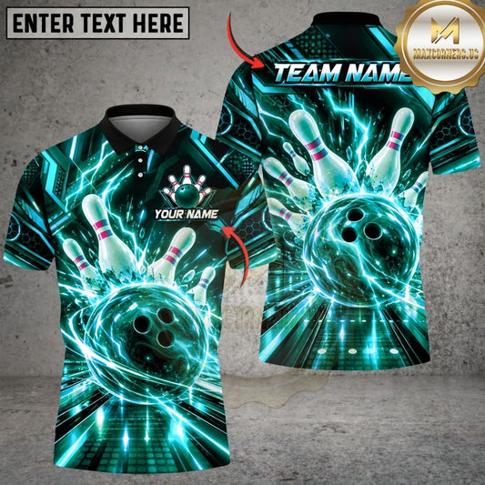 Maxcorners Bowling Cosmic Lightning Burst Energy Rays Pins Strike Artwork Multicolor Customized Name, Team Name 3D Shirts