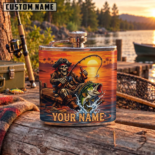 Maxcorners Fishing Skeleton Angler Sunset Bass Personalized Name 3D Hip Flask