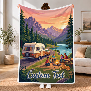 Maxcorners RVs Travel Trailer Mountain Lake Family Camping Custom Name 3D Blanket