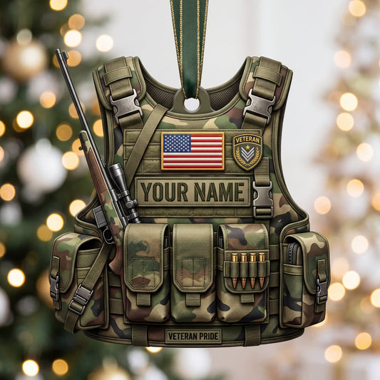 Maxcorners American Flag Tactical Vest And Rifle Personalized Name 3D Keychain And Ornament