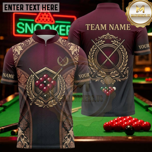 Maxcorners Snooker Burgundy Gold Vintage Baroque Crest Personalized Name 3D Unisex Shirt