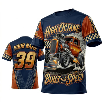 Maxcorners Personalized Car Classic Muscle Car 3D T-Shirt – Built For Speed Navy Orange Hot Rod
