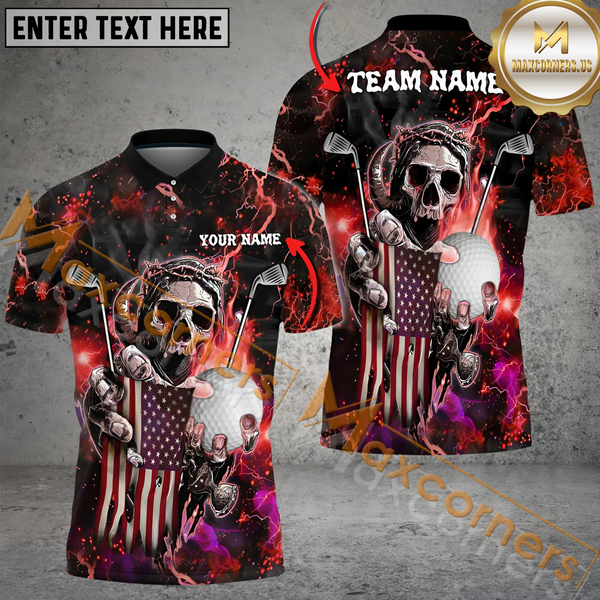 Maxcorners Golf Fire Skull US Flag Multicolor Option Customized Name, Team Name 3D Polo Shirt