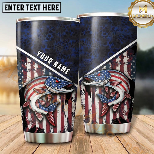 Maxcorners Fishing Tumbler Dark Patriotic Flag Emblem Design Personalized Name Tumbler (13 Species)