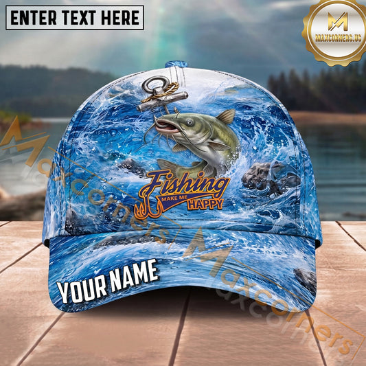 Maxcorners Fishing Ocean Anchor Wave Personalized Name 3D Cap (12 Fish Species)