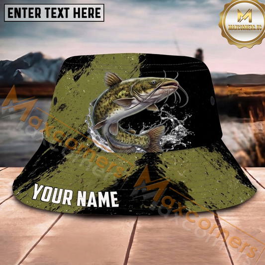 Maxcorners Fishing Olive Splash Camo Personalized Name 3D Bucket Hat (12 Fish Species)