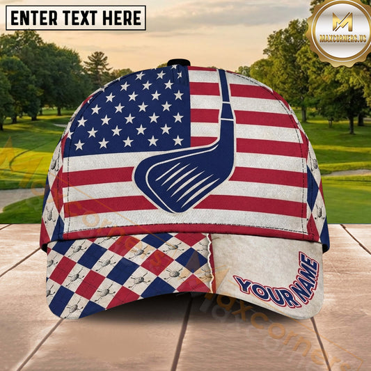 Maxcorners Golf American Flag Golf Club Argyle Pattern Personalized Name 3D Classic Cap