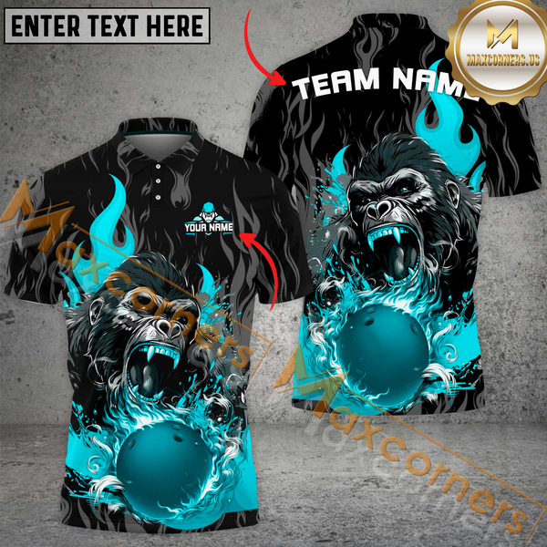 Maxcorners Custom Bowling Team Jersey, Fierce Gorilla With Blue Flaming Bowling Ball Name And Team Name