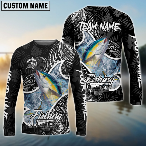 Maxcorners Tuna Fishing Black White Maori Personalized Name, Team Name 3D Long Sleeve Shirt