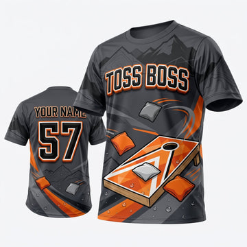 Maxcorners Cornhole Toss Boss Gray Orange Personalized Name 3D Unisex Shirt