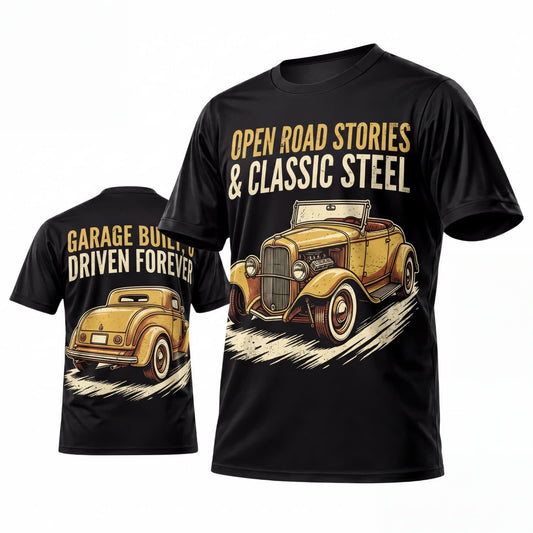 Maxcorners Personalized Car Classic Muscle Car 3D T-Shirt – Black Open Road Stories and Classic Steel Yellow Hot Rod