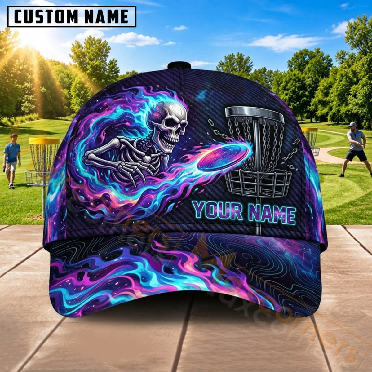 Maxcorners Disc Golf Neon Skull Flying Disc Personalized Name 3D Cap