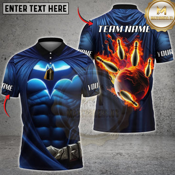 Maxcorners Bowling Blue Black Muscular Armor Flaming Hand Personalized Name 3D Unisex Shirt
