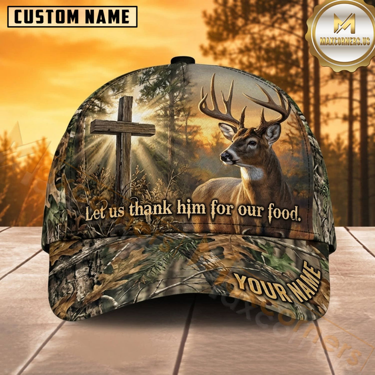 Maxcorners Deer Hunting Whitetail Buck Let Us Thank Him for Our Food Wide Cross Woodland Camo Customized Name 3D Cap