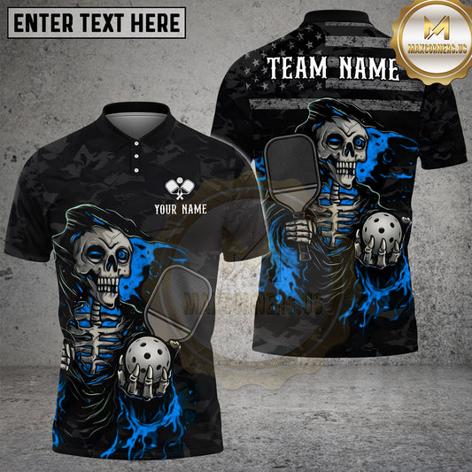 Maxcorners Pickleball Polo Grim Reaper Skeleton American Flag Multiple Options Personalized Name, Team Name 3D Shirt