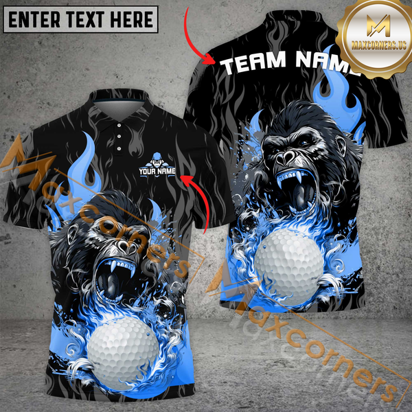 Maxcorners Custom Golf Team Jersey, Fierce Gorilla With Flaming Golf Ball Personalization Name And Team Name