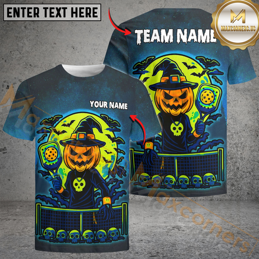 Maxcorners Halloween Pumpkin Pickleball Witch Customized Name & Team Name 3D Shirts