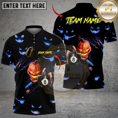 Maxcorners Billiards Ball 8 Halloween Pumpkin Scary Head Personalized Name, Team Name Unisex Shirt (4 Colors)