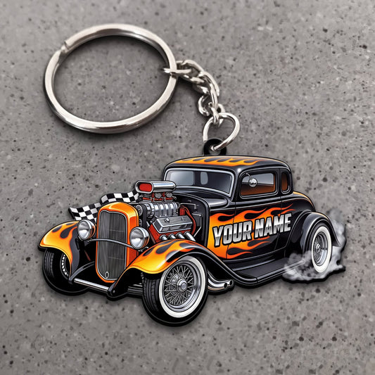 Maxcorners Hot Rod Black Orange Classic Roadster with White Tire Smoke Personalized Name 3D Keychain And Ornament