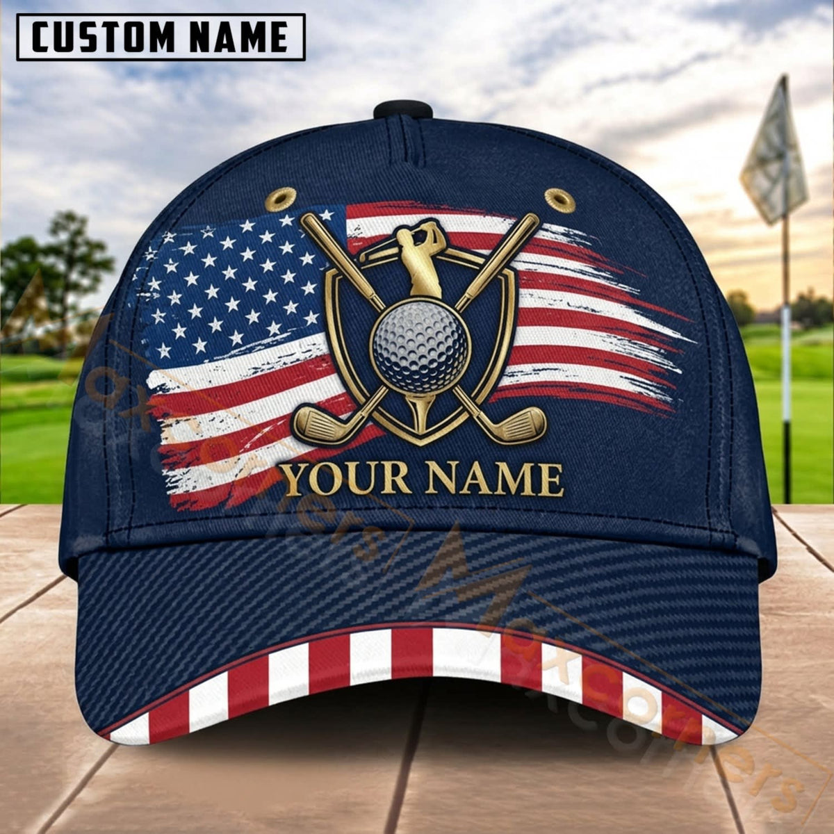 Maxcorners Golf USA Flag Shield Clubs Personalized Name 3D Cap